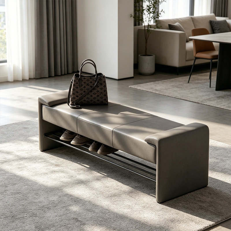 Italian Style Leather Solid Wood Shoe Bench, Gray