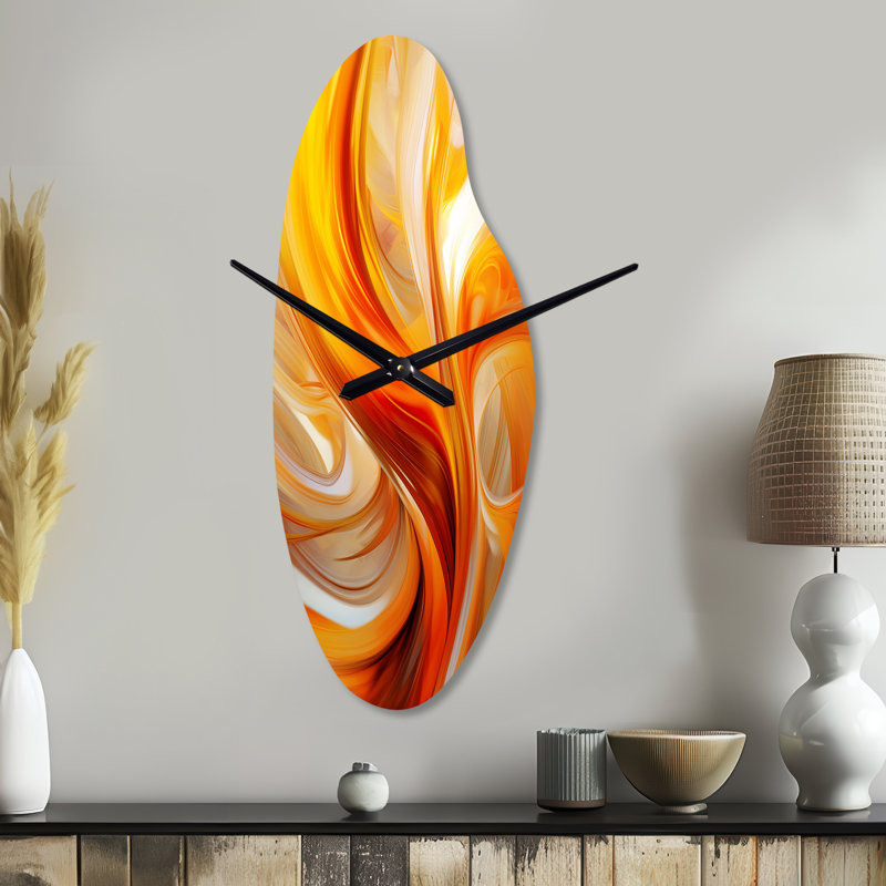 Orange Abstract Warm Fractal Design VII - Fractals Asymmetrical Metal Wall Clock, Orange Curved Clock Print, Medium