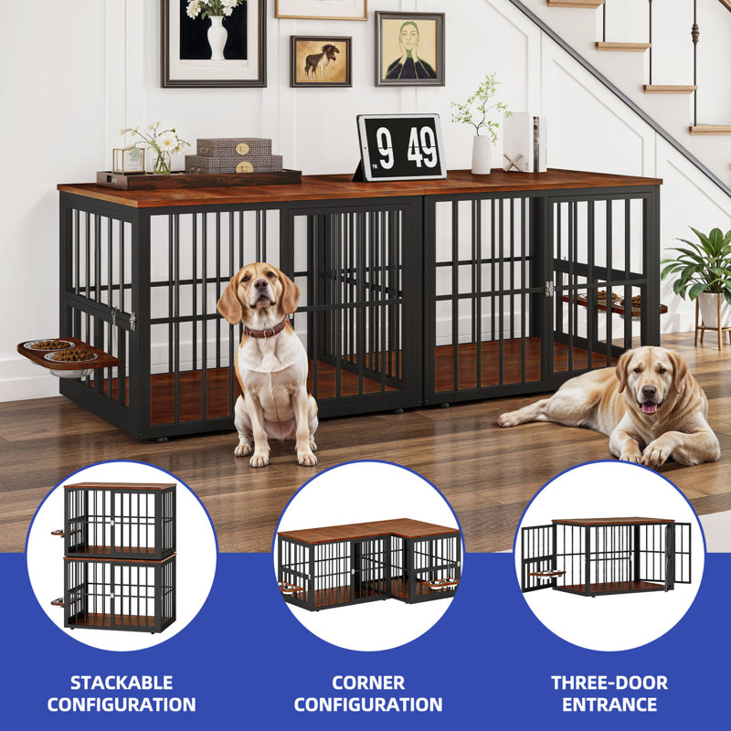 Cage pour chien polyvalente à deux chenils avec bols rotatifs, Brown, H 33 po x l 86,6 po x P 29,9 po