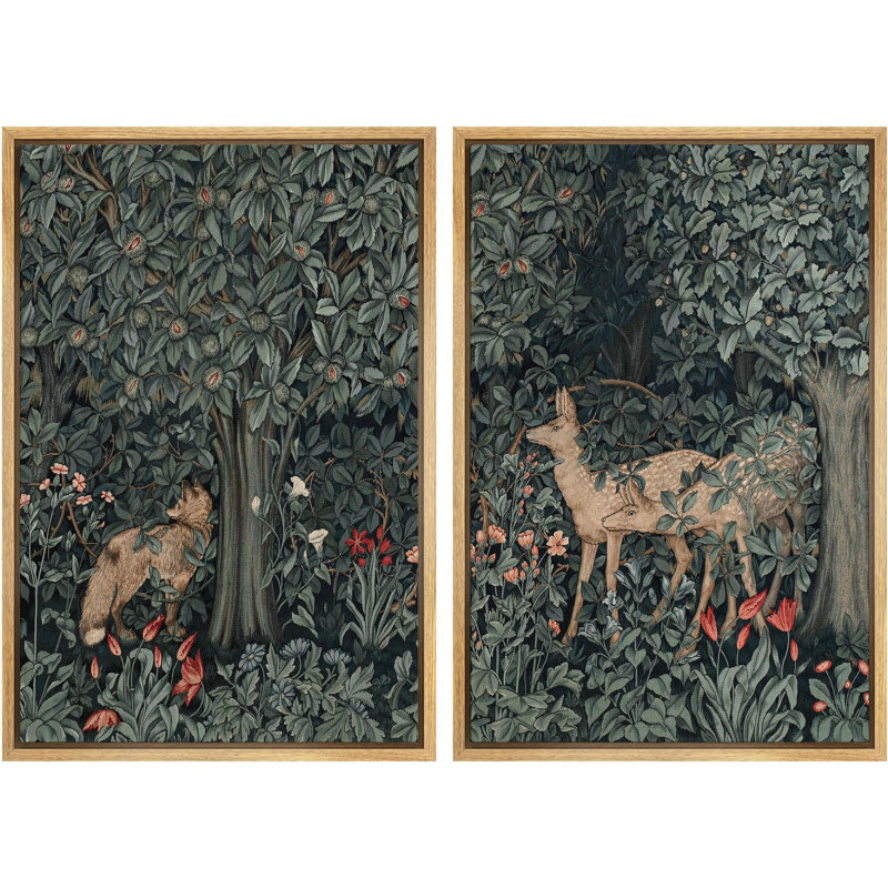 Animals In Woodland Forest Nursery Decor Tapestry - Framed Canvas Bedroom Wall Art 2 Pieces Print, Natural, 24" H x 16" W