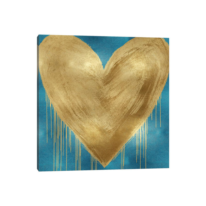 Big Hearted Gold On Aqua by Lindsay Rodgers - Wrapped Canvas Print, 30.48 cm H x 30.48 cm W