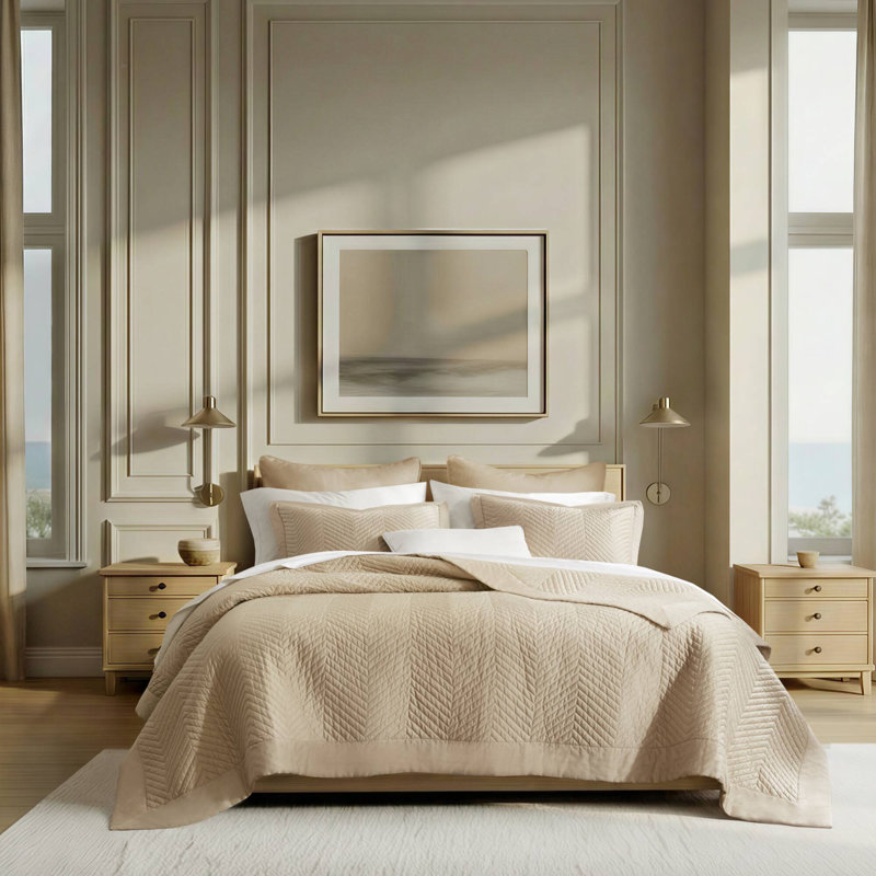 Liam Hotel 3 Piece Cotton Quilt Set, Full/Queen, Linen