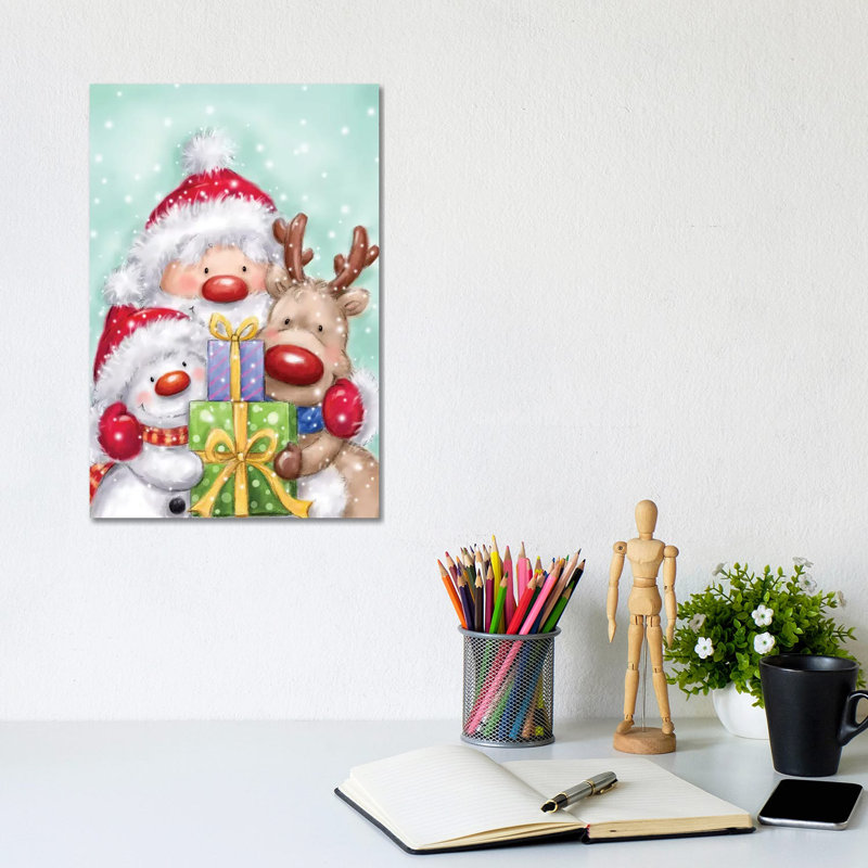 Santa, Reindeer And Snowman by MAKIKO - Wrapped Canvas Print, 20.32 cm H x 30.48 cm W