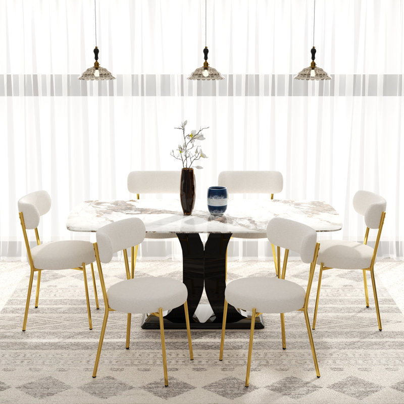 Modern Rectangular Dining Set with Teddy Dining Chair, Gold/White, White, 7 Pieces (Table, 6 Chairs)