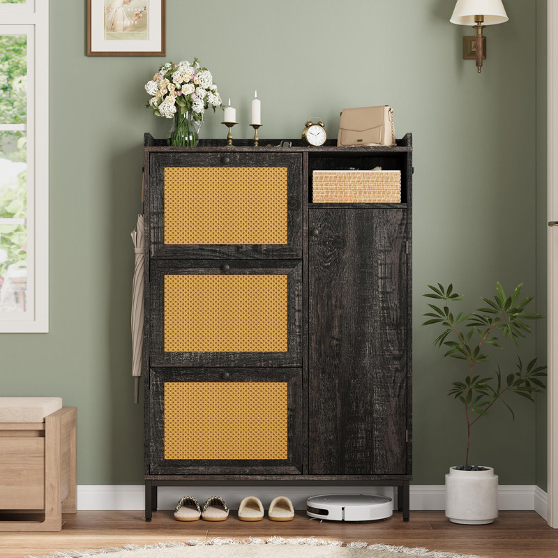 Shoe Cabinet with 3 Flip Drawers, 4-Tier Adjustable Shoe Storage Rack with Rattan Doors, Narrow Freestanding Organizer for Entryway, Hallway, or Closet
