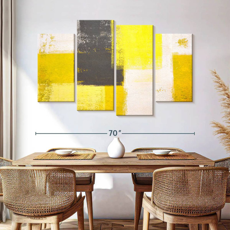 Avery jaune et gris abstrait, H 42 po x l 68 po