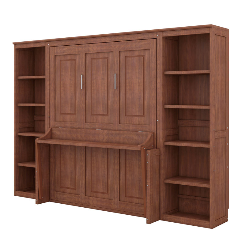 Lit escamotable double avec bureau et tablettes de rangement, armoire escamotable en bois avec bibliothèque, lit escamotable vertical