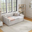 Lit de jour simple avec canapé-lit tapissier, avec rayures verticales, tissu en lin, beige