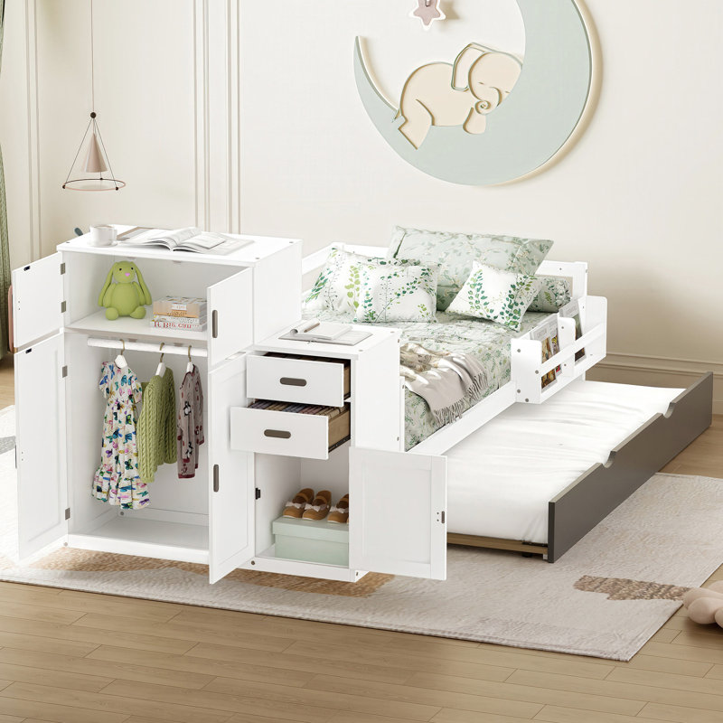 Lit plateforme simple avec lit gigogne intégré, bibliothèque et garde-robe mobile, blanc - bibliothèque de solution compacte, lit gigogne polyvalent