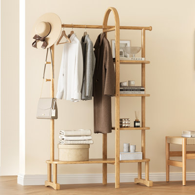 Portemanteau en bois d'hévéa massif avec 5 crochets et 4 tablettes - Portemanteau autoportant en bois naturel pour entrée, couloir, chambre à coucher, salon