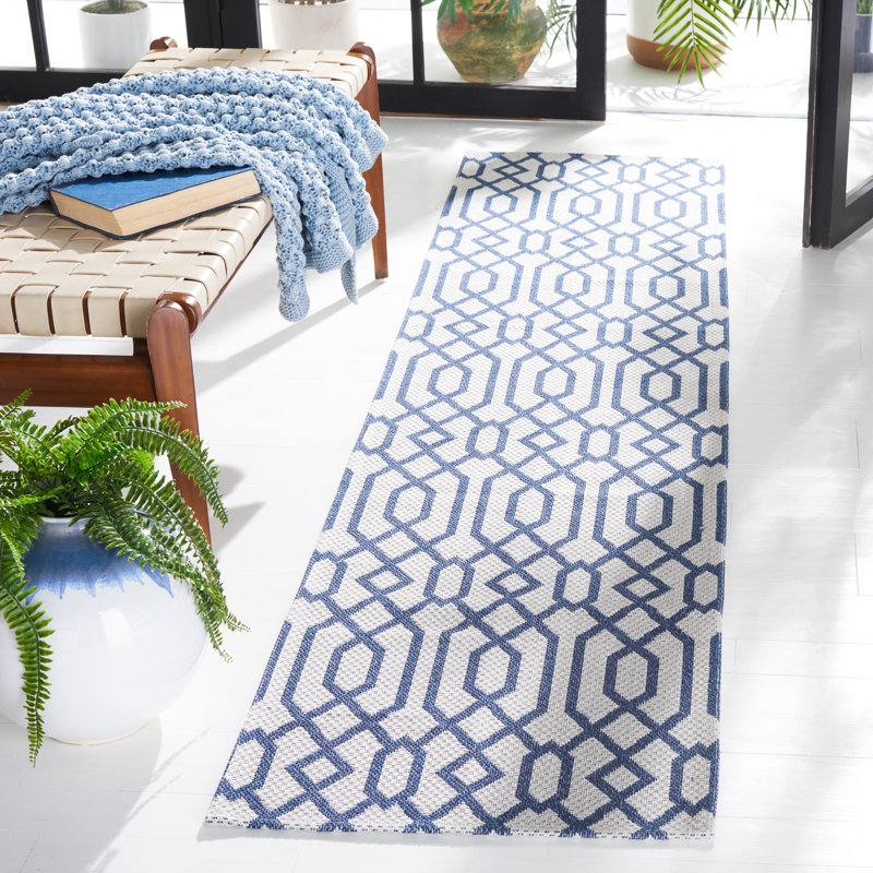 Gray and Blue Flat Woven Wool and Cotton Runner Rug, 2 x 8 ft