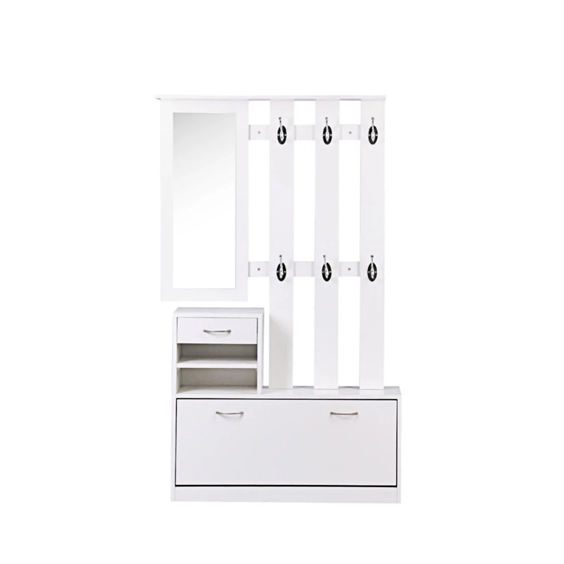 Trois-en-un modèle de barrière avec armoire à chaussures + tablette suspendue + miroir, Blanc mat