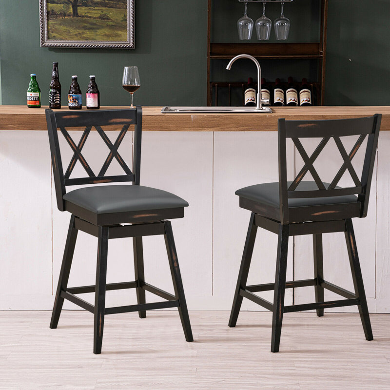 Embrey Swivel Upholstered Counter Stool with Solid Wood Frame, Counter Height (25" Seat Height), Black, 2
