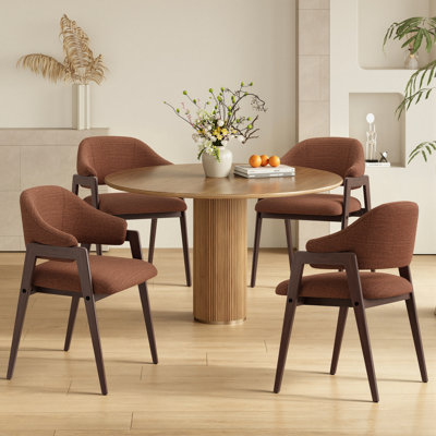 Mid-Century Beige Fabric Dining Chair, Solid Wood Accent Chair for Kitchen & Living Room