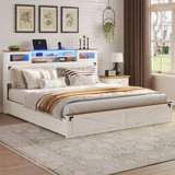 Farmhouse Bed Frame King Size With Bookcase Headboard And 2 Drawers, Wooden Platform King Bed With Led Lights And Charging Station, Rustic Accent Headboard With Sliding Door, White