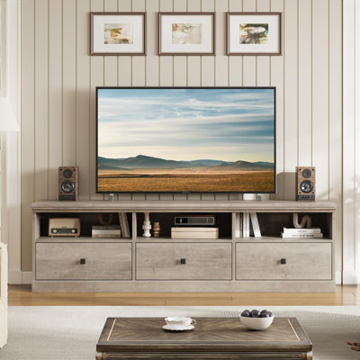 Meuble télé de 70 pouces avec tiroirs pour téléviseur de 75/80 pouces, console multimédia grise avec rangement