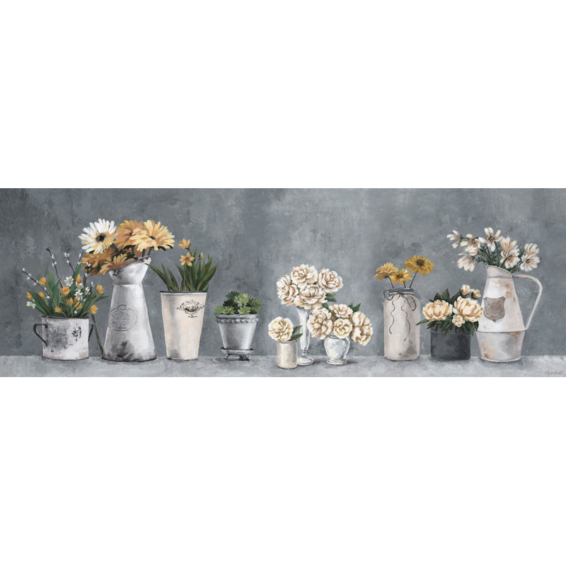 Rustic Gray Canvas Wall Art with Peach and White Flowers, 20" x 60"
