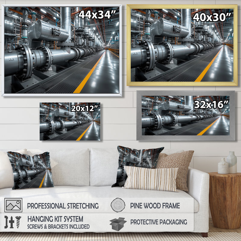 Décoration murale monochrome jaune et gris industriel - usine, H 30 po x l 40 po x P 1,5 po, Toile avec cadre flottant noir