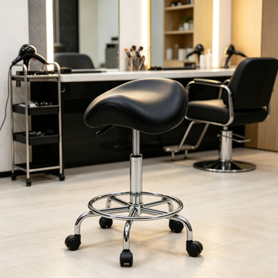 Adjustable Height Saddle Stool with Foot‑Ring, Faux Leather Swivel Work Stool with Wheels, Ergonomic Saddle Seat for Office Salon Clinic