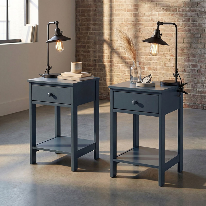 Set of 2 Irmtraud Petite 1-Drawer Blue Bedside Tables, Premium End Table