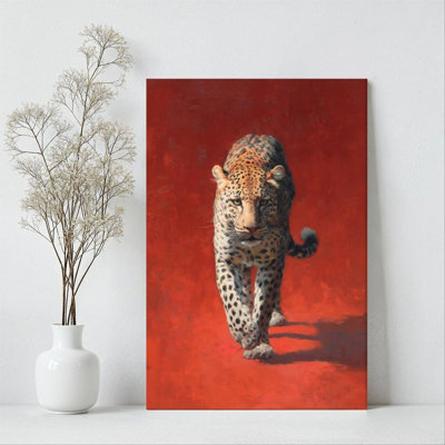 1Pc Framed Canvas Poster Print Leopard, Red Background, Realistic Oil Painting Style Wall Art Wall Pediments, Wall Decor, Perfect for Room Decor Livin