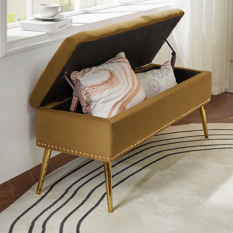 Banc de rangement rembourré en velours Kajana, Doré