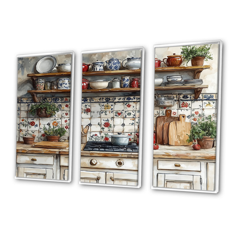 «Gray Country Kitchen Rustic Charm II», ensemble d'art mural, Toile encadrée flottée blanche, H 40 po x l 60 po x P 1 po