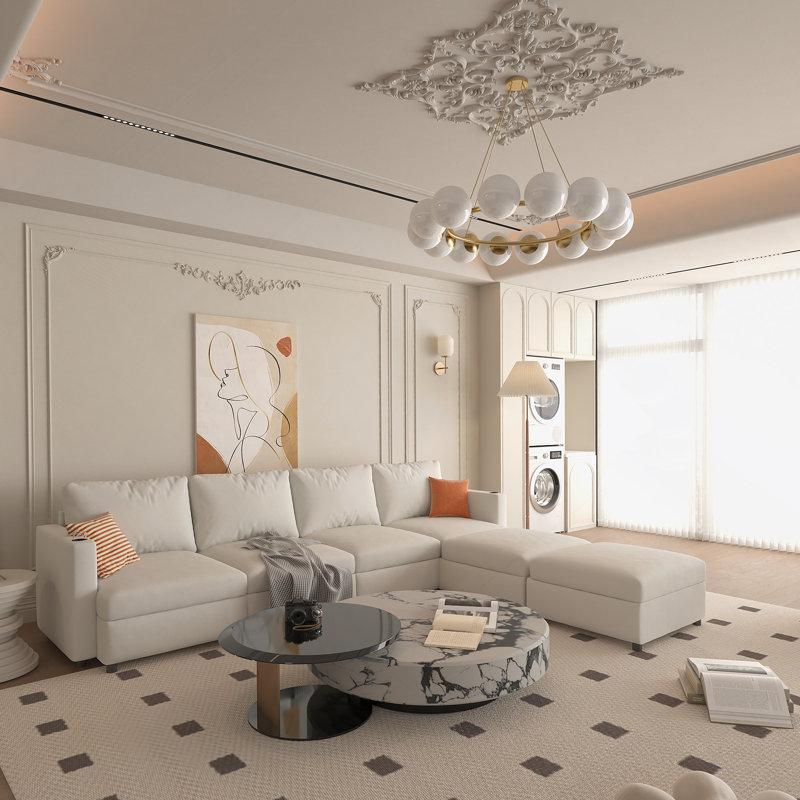 Grand canapé modulaire moderne, canapé modulaire en U avec fonction de rangement, Tissu blanc antique