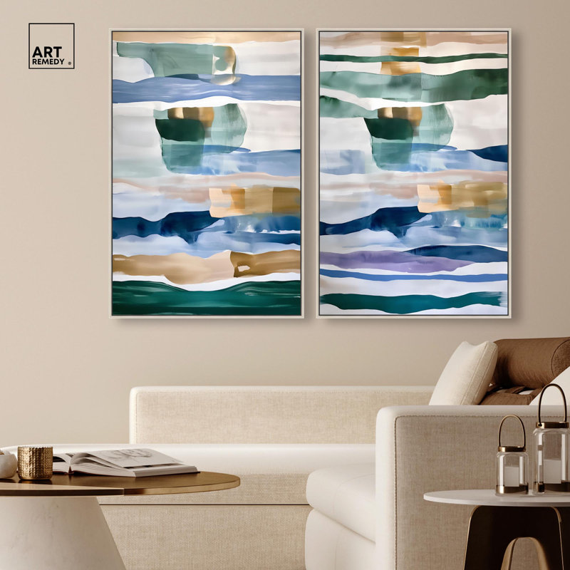 Ensemble de toiles « Banded Rhythms » - Décoration murale bleue par Art Remedy, cadre noir, 10 x 15, H 37 po x l 25 po
