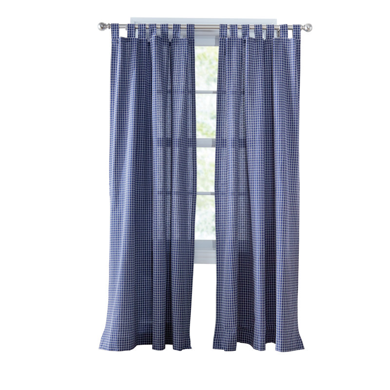 Mini Check Tabtop Light Filtering Deep Blue/White Curtain Panel Pair (Set of 2), 50" H x 108" W