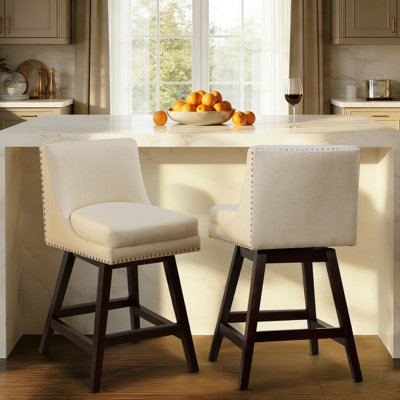 26.77 Inch Swivel Counter Height Bar Stool(Set of 2) With Open Back & Oak Wood Legs, Nailhead Trim For Pub, Bistro, Kitchen, Cafe