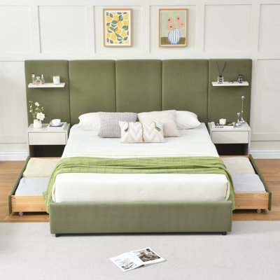 Queen Velvet Upholstered Platform Bed Frame with 2 Attached Nightstands & 2 Extra Large Drawers & Floating Shelves, No Box Spring Needed, Green