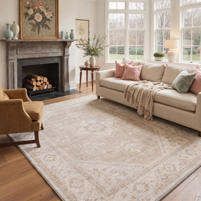 Traditional Oriental Ivory / Beige Performance Low-Pile Washable Non-Slip Area Rug