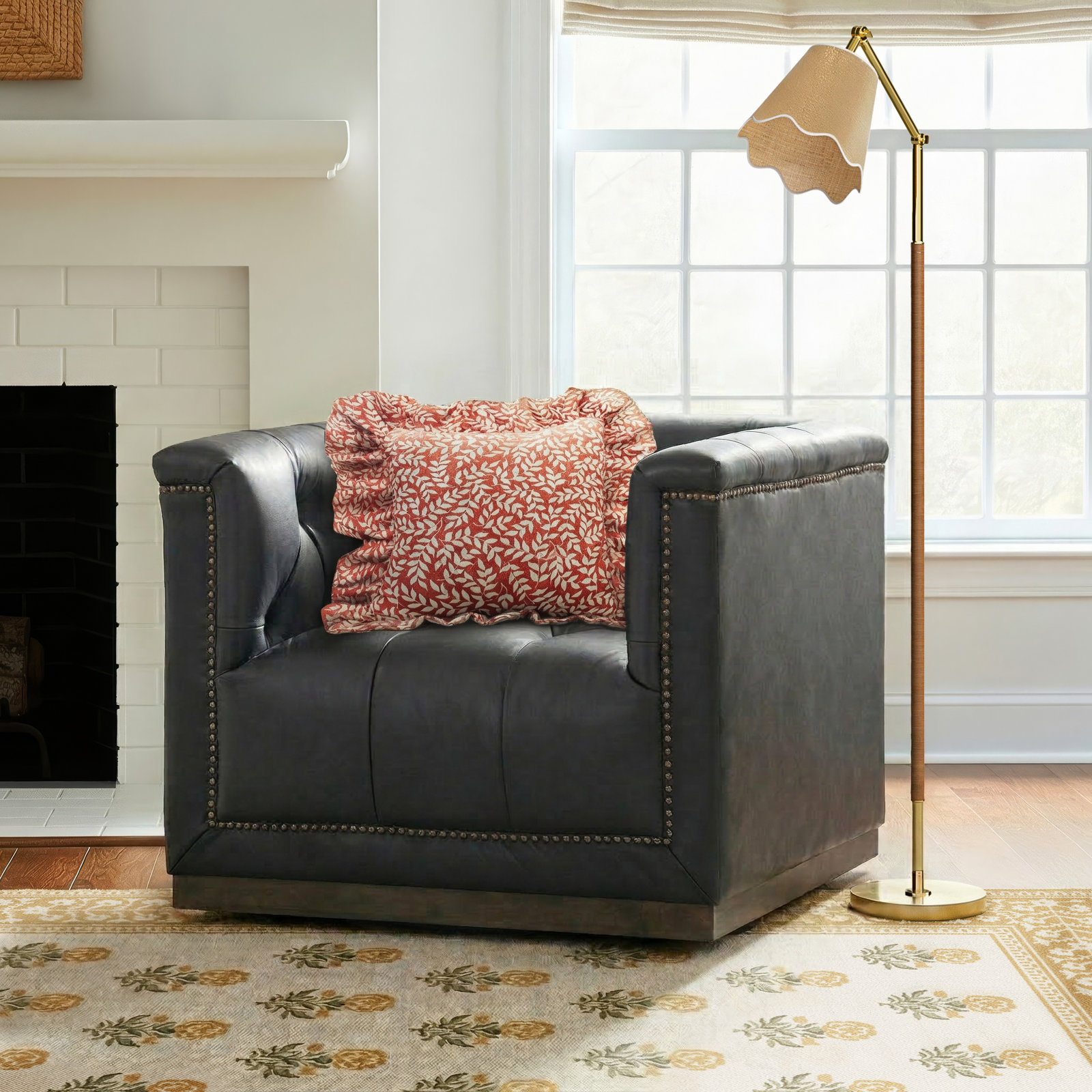 Byer Upholstered Swivel Accent Chair, Heirloom Black Leather