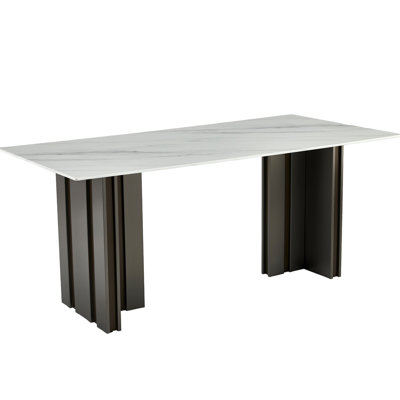 69.30 Inch Rectangular Dining Table, Modern Style, Tempered Glass With Marble Texture Tabletop, Matte Brushed Table Legs, Suitable For 4-6 People, Whi
