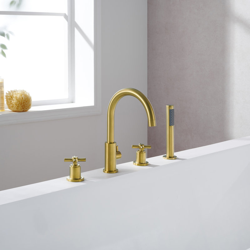 Sundale Cross Handles Deck-Mount Roman Tub Faucet with Handshower, Brushed Gold