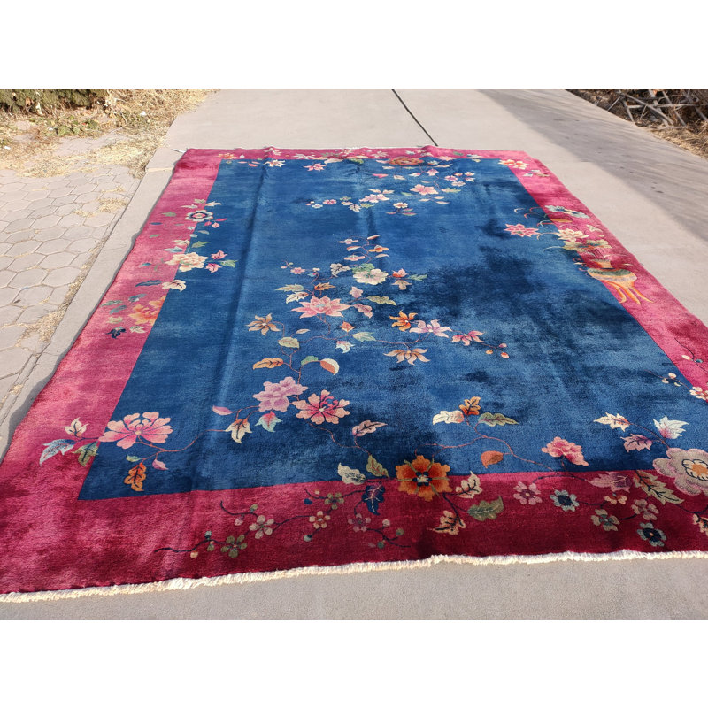 Tapis bleu antique en laine à motif art déco