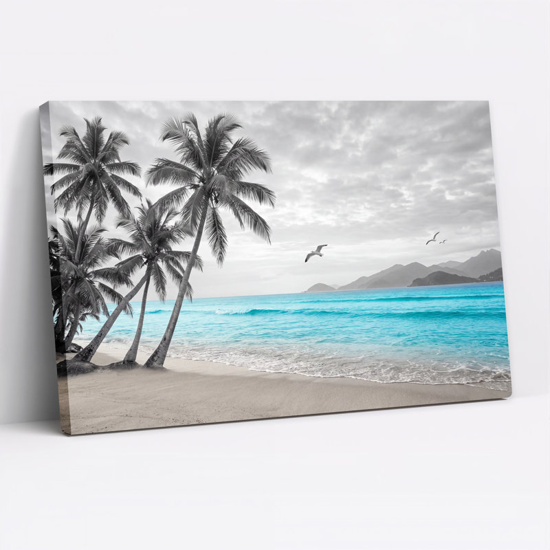 Art mural sur toile de palmiers noir et blanc et eau turquoise sur sable, H 28 po x l 40 po