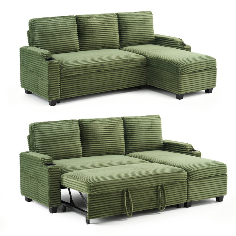 L‑Shaped Corduroy Pull‑Out Sofa Bed with USB Charging, Cup Holders & Storage Chaise, Green