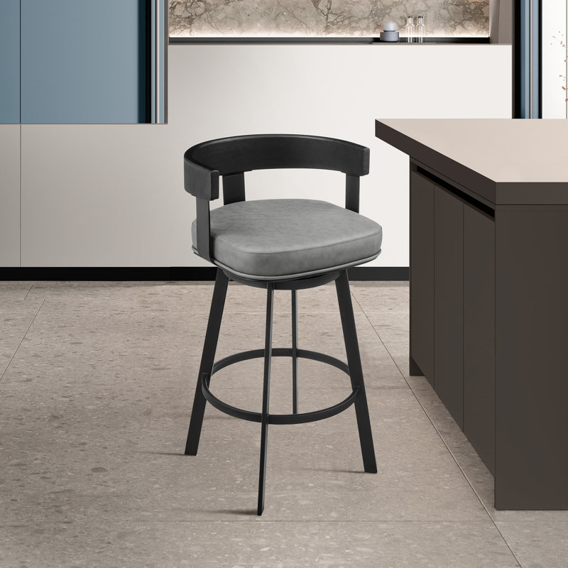 Ahlem Modern Swivel Counter or Bar Height Barstool with Arms and Open Low Back in Iron with Wood and Faux Leather