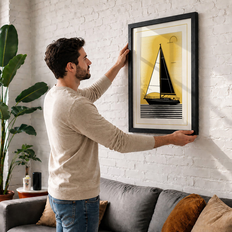 Sailboat at Twilight Art Deco - Framed Print, A4 - 29.7 x 21.0 cm, Black