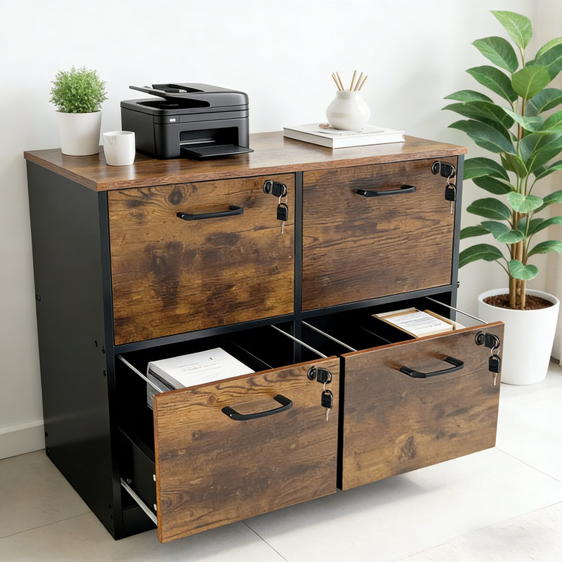 Classeur à 4 tiroirs avec serrure, classeur en bois verrouillable pour bureau à domicile, classeur verrouillable pour dossiers de format lettre / A4, brun rustique et noir