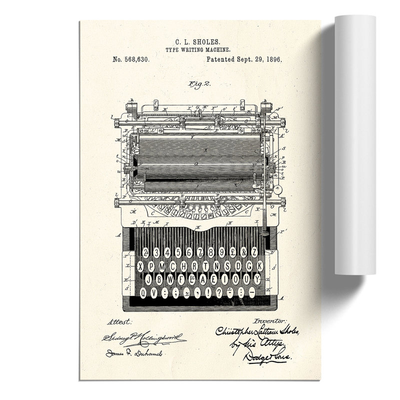 Typewriter Patent - Unframed Painting, 84cm H x 59cm W x 0.1cm D