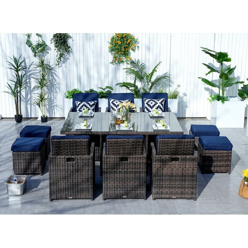 10 - Person Wicker Patio Dining Set with Rectangular Table , Cushions Included, Brown, Navy