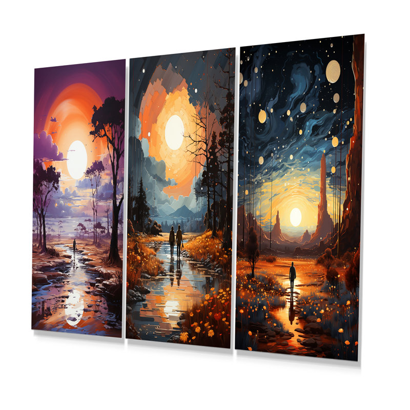 «Yellow Abstract Chromatique Space Landscape I - Abstract Landscape», ensemble de 3 reproductions d'art en métal