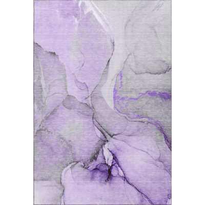 3' X 5' Purple Gray And Ivory Abstract Washable Area Rug With UV Protection