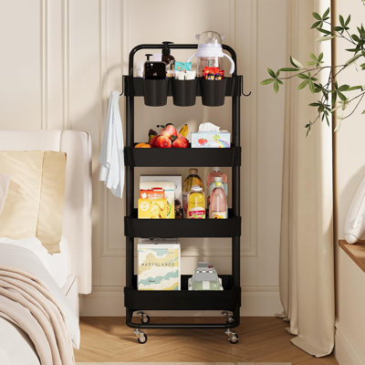 4-Tier Rolling Utility Cart With Handle, Locking Wheels, Hanging Basket And Hook - Multi-Purpose Storage Organizer For Office, Kitchen, Bathroom