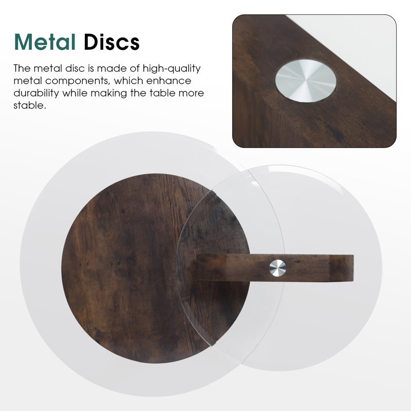 Modern Round Nesting Coffee Table with Diamond-Cut Edges Glass Top, Walnut