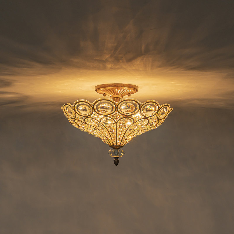 Plafonnier semi-encastré 4 lumières avec perles de cristal French Glam