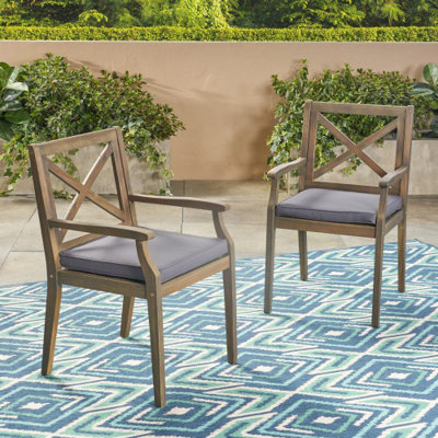 Ensemble de 2 chaises de salle à manger d'extérieur en bois d'acacia avec coussins gris